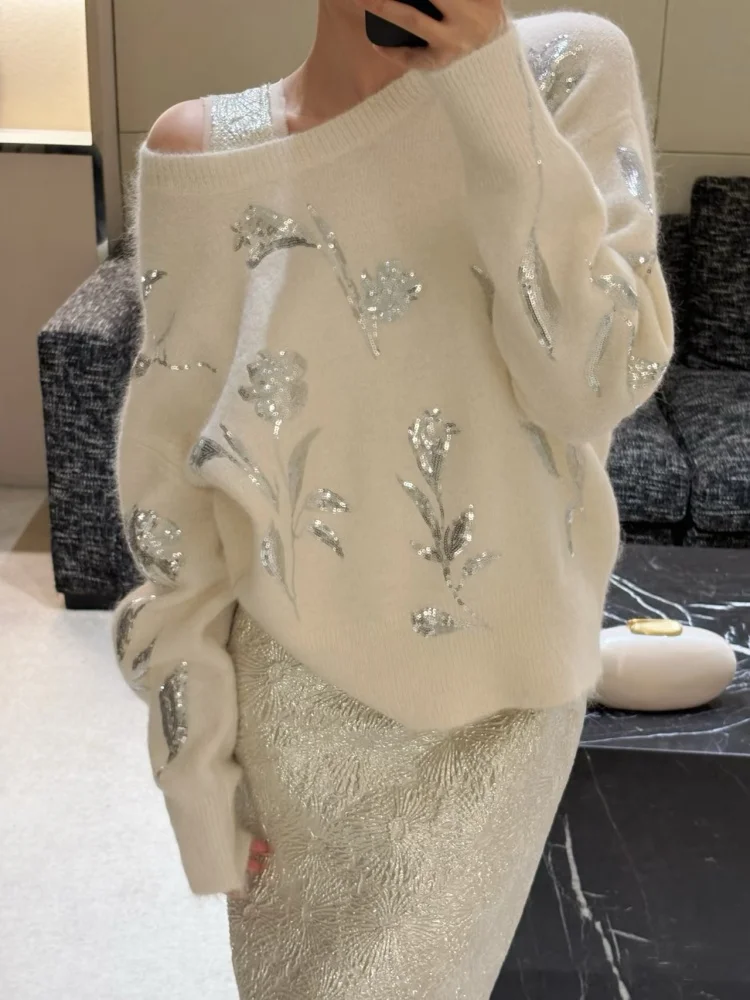 

Alpaca Wool Flower Sequin Embroidery Soft Sticky Temperament Sweater Women's Knitted Pullover Sweater