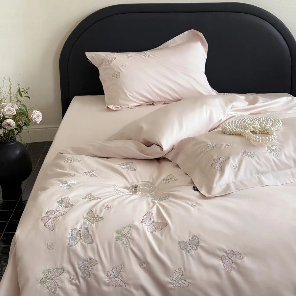 100% Cotton Embroidered 4 Piece Bed Sheet Set Luxury Duvet Cover Fitted Sheet Pillowcases