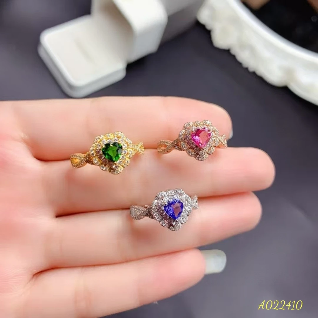 

Natural Diopside Pink Topaz Tanzanite Women's Ring Heart-shaped Desigh S925 Pure Silver Exquisite Inlaid Gem Support Testing