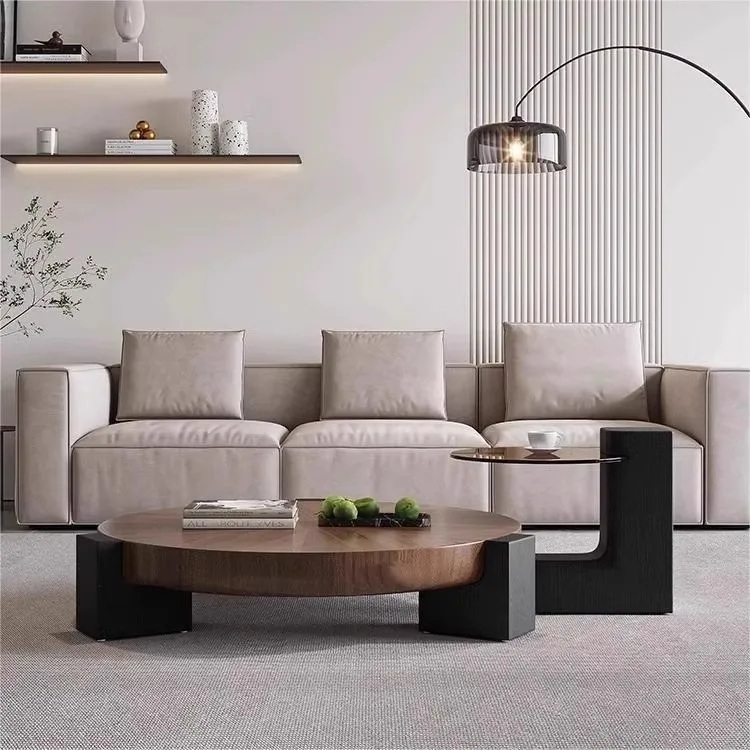 Modern Minimalist Walnut Wood Grain Coffee Table Nordic Style MDF Metal Material