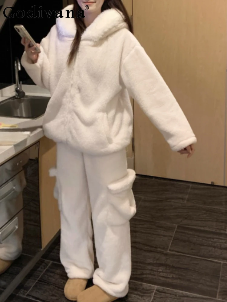 

Large Size Girl Loose Versatile Age Reduction Fashion Hooded Coral Fleece Pajamas Autumn Winter Thickened Warm Loungewear Sets