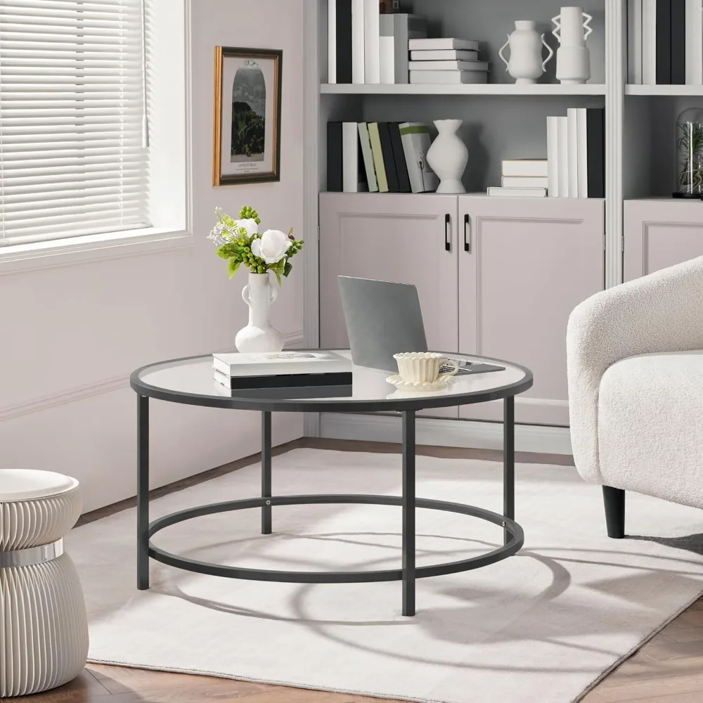 

36" Round Glass Coffee Table, Black Circle Coffee Table Center Table with Glass Top, Small Coffee Table for Living Room, Office