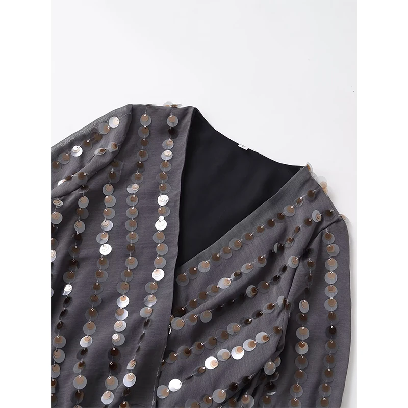 YENKYE Primavera 2026 Body de lentejuelas Sexy informal de manga larga acampanada con cuello en V cruzado para mujer