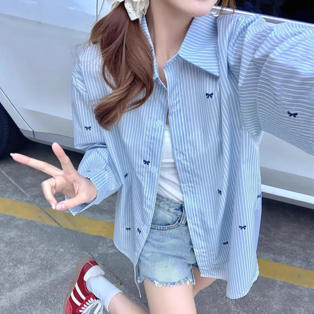 

Striped Bow Long Sleeve Shirt Women's Spring and Autumn Medium Long