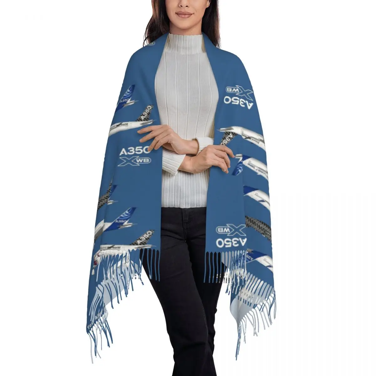 Airbus A350 Test Aircraft Fleet Illustration Scarf Tassel Scarves for Women Soft Warm Shawls and Wraps Fall Winter Shawl Wrap