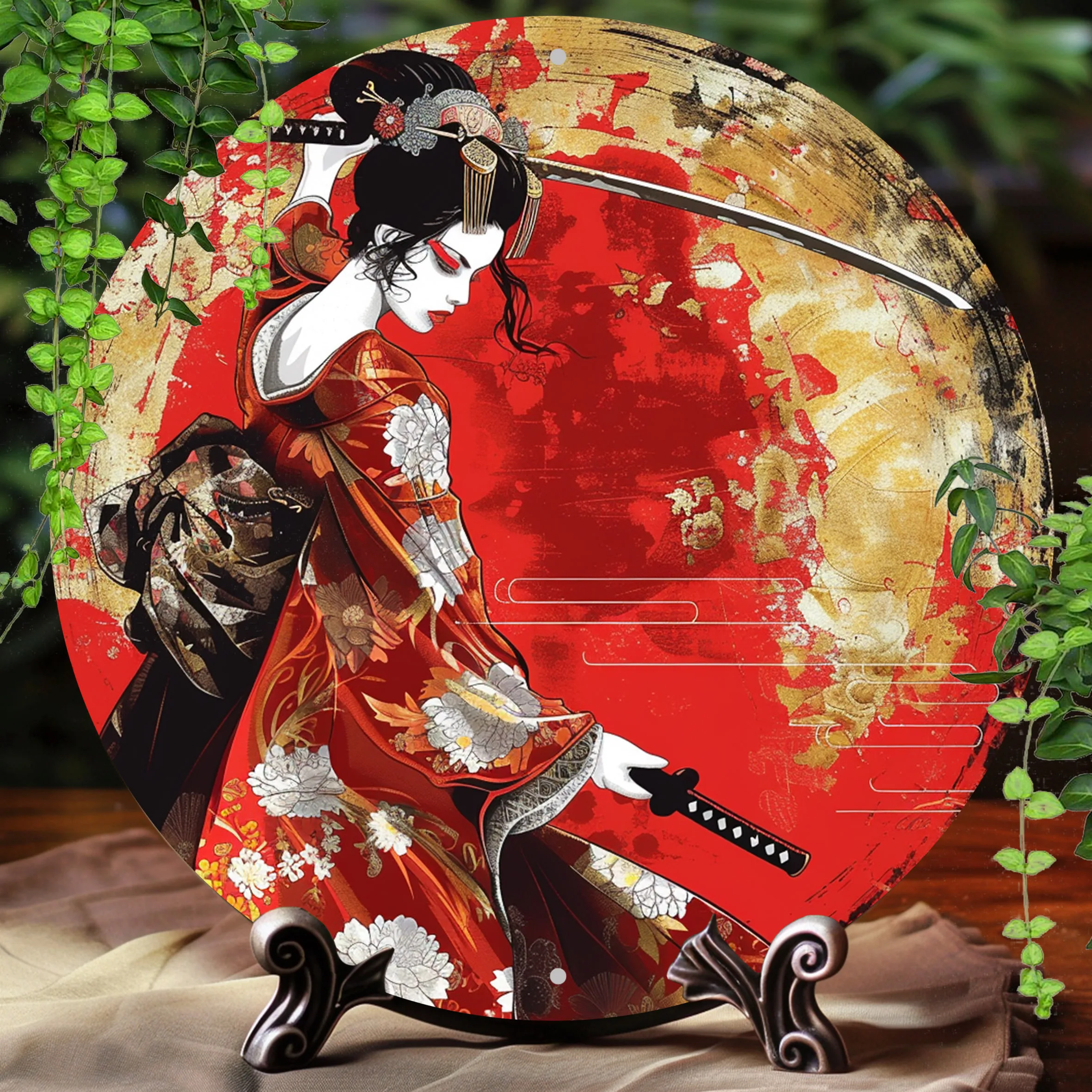 Japanese Kimono Woman Vintage Metal Wall Art - Classic Round Aluminum Decorative Sign for Home, Office & Bar
