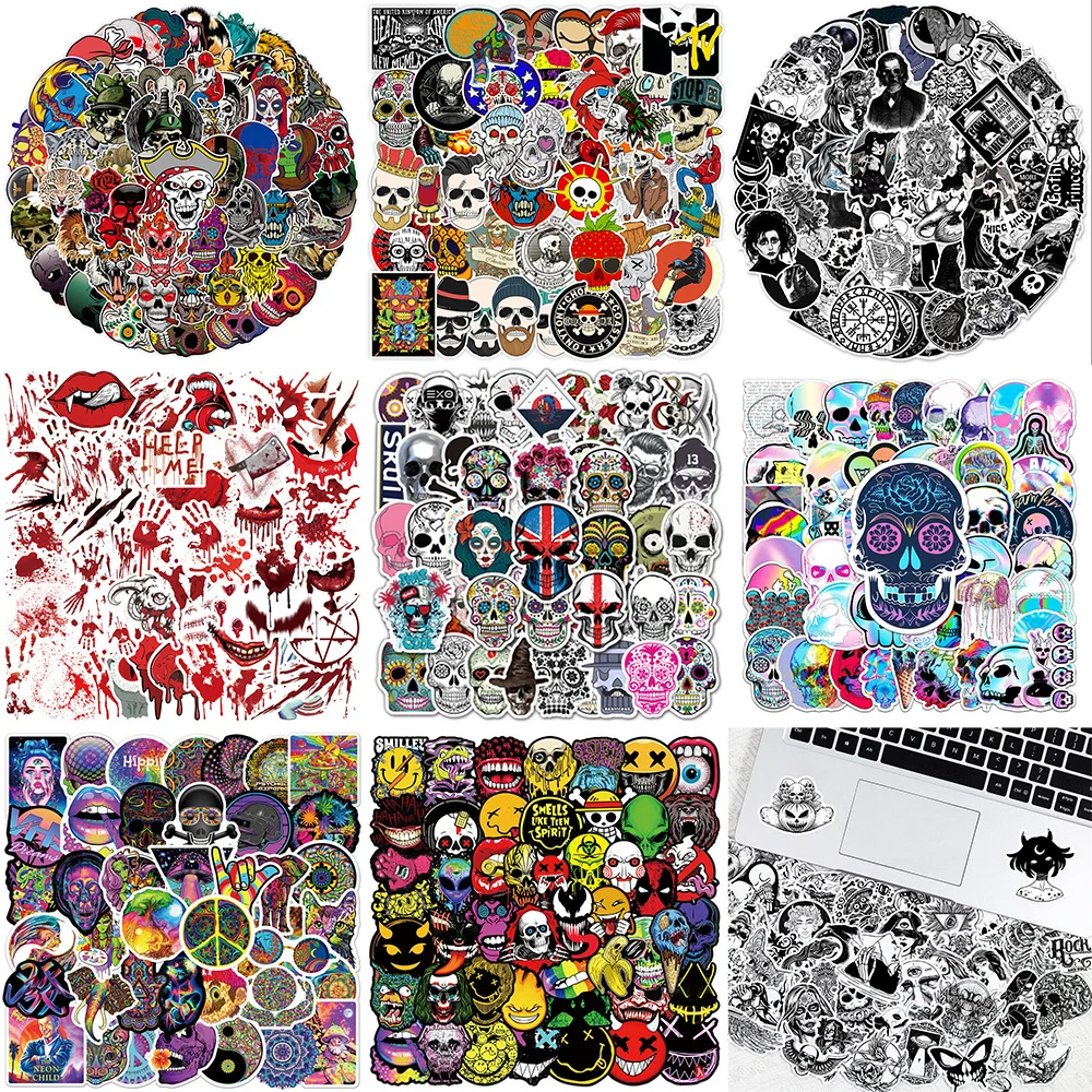 10/30/50PCS Cartoon Skull Stickers Series Creative Horror Graffiti Bicycle Phone iPad Laptop Luggage Helmet Decoration Wholesale