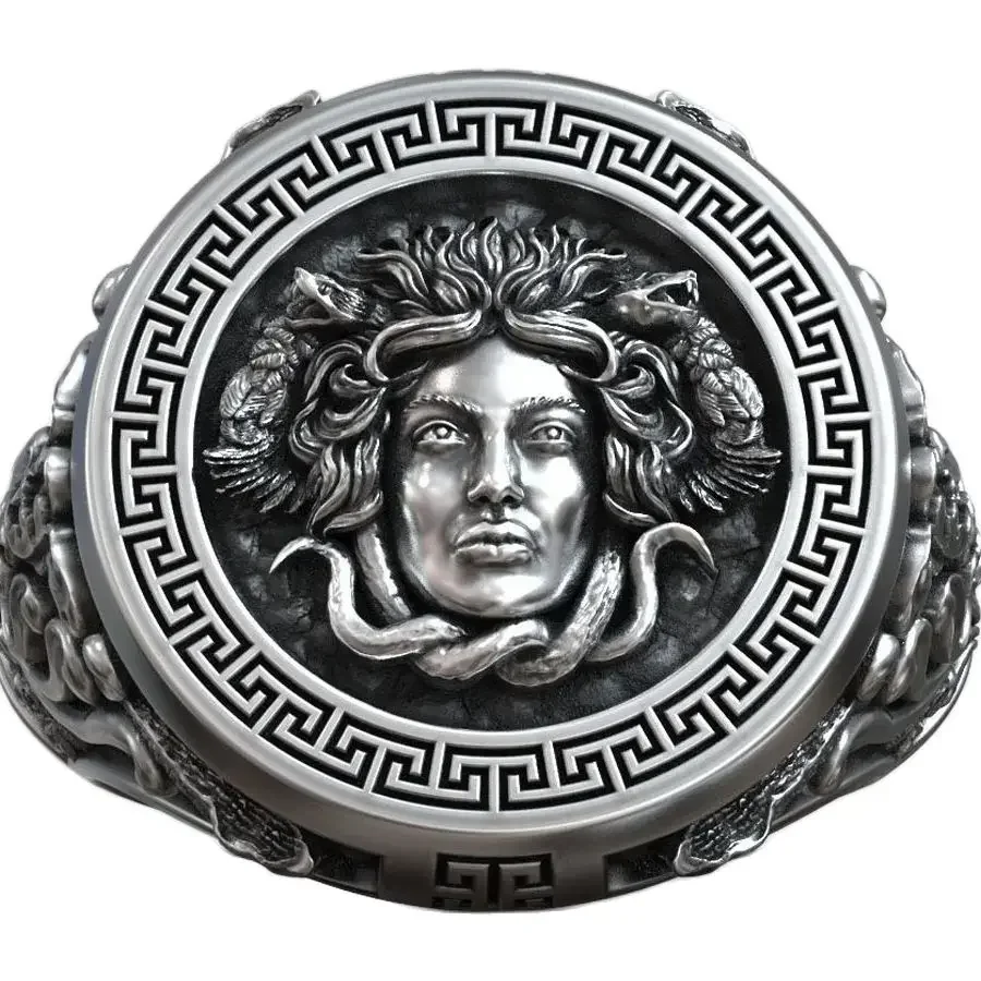 

18g Medusa Gorgona Snake Head Greek Antique Meander Pattern Signet Real Customized 925 Solid Sterling Silver Rings Many Sizes 7-