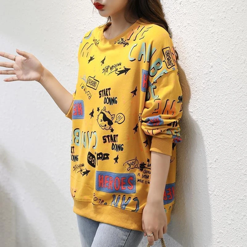 

Женский пуловер с круглым вырезом и принтом, топ с длинным рукавом, Harajuku, модный корейский дешевый свитшот Y2k, винтажные женские толстовки в стиле эмо