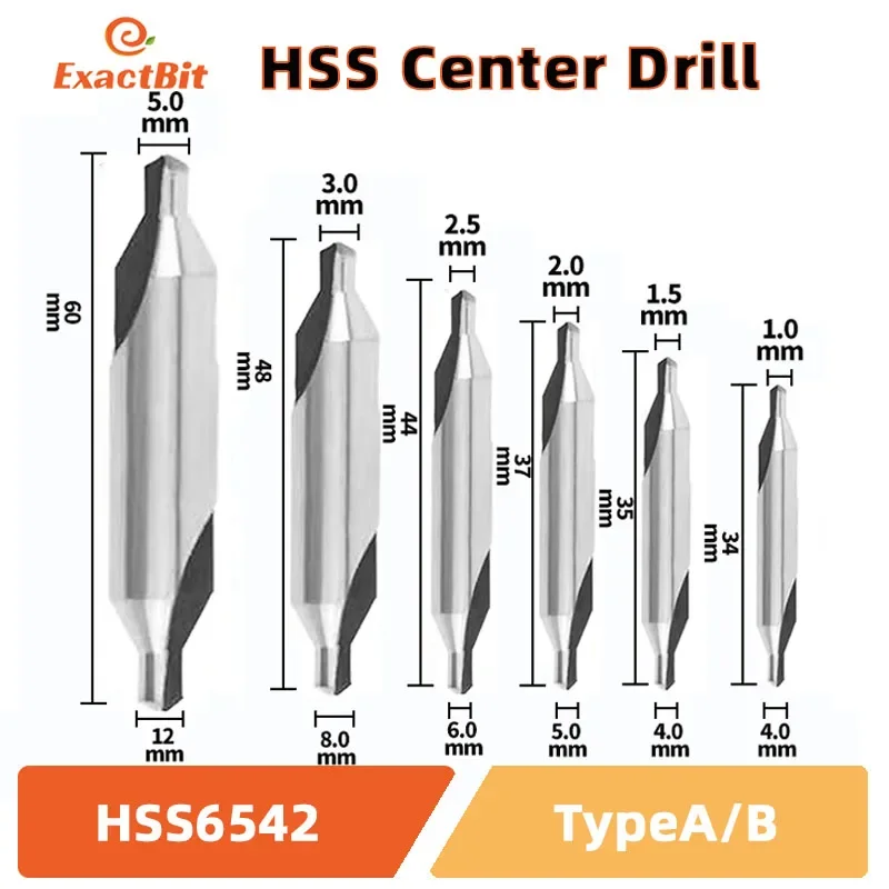 BIESUO HSS Center Drill For Metal 6pcs A1 A2 A2.5 A3 A4 A5Drill Hole Centering Dril  M35 6542 Centering drill bit