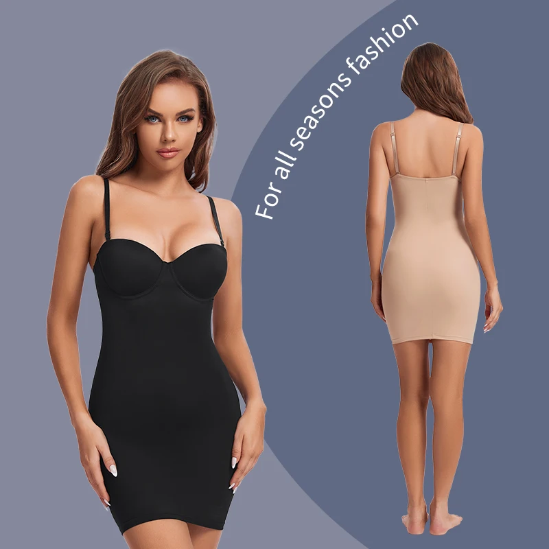 WECHERY-Coxa Comprimento Stretch Shaper Vestido para Mulheres, Tubo Shapewear, Controle Party, Slip Underwear, Sexy Strap Underdress, Nude Black