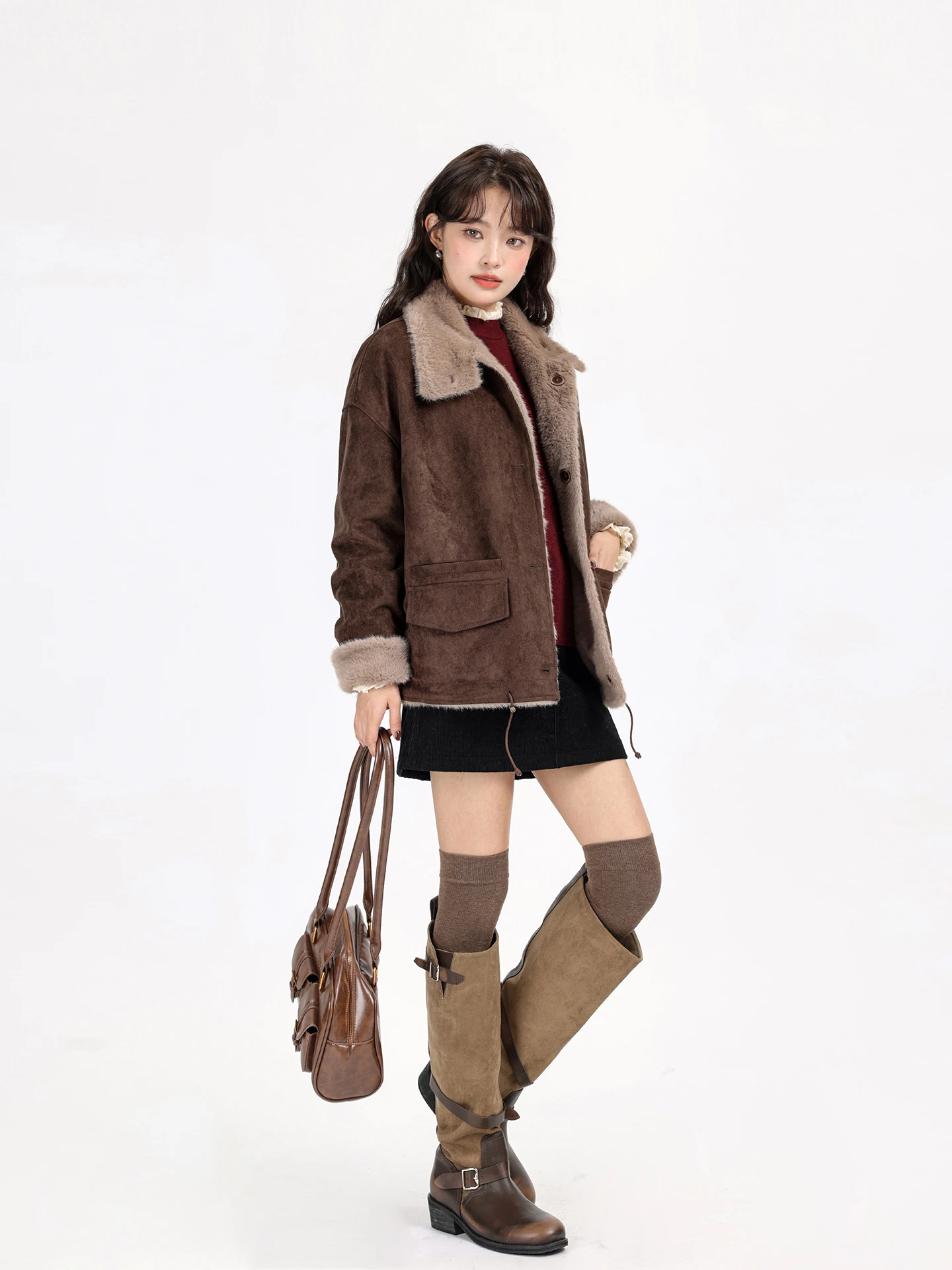 Winter 2025 Women's Fce Lined Suede Biker Coat Warmth Inteated Leather And Fur Outerwear Vintage Korean Sle Long Sve