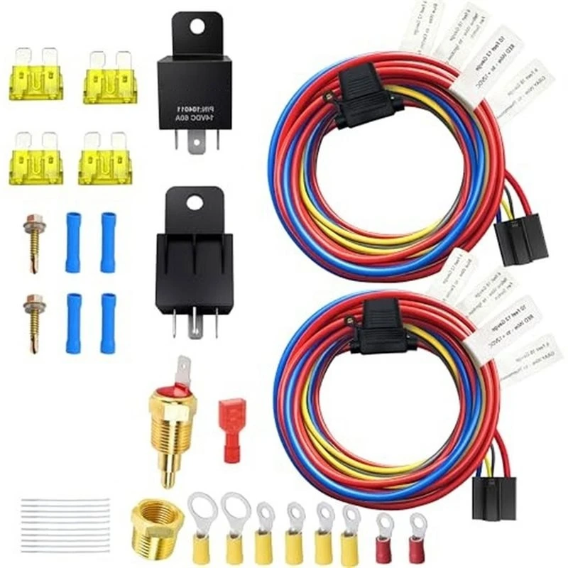 Y50A-Cooling Fan Relay Switch Kit Dual Electric Fan Relay 185 On 175 Off Temperature Sensor Switch 60 Amp Wiring Kit