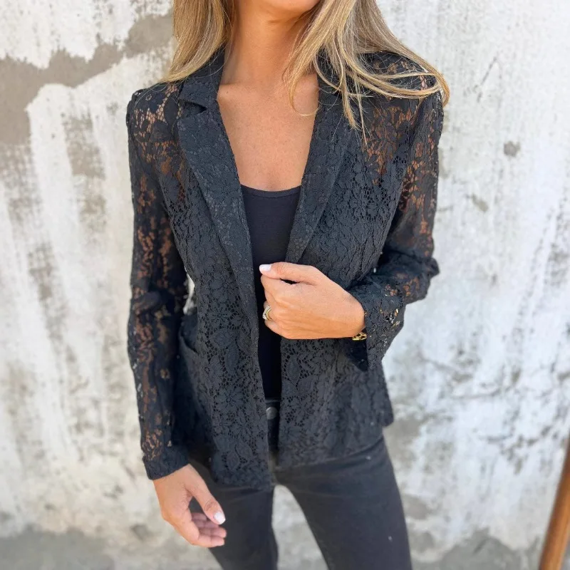 

European American Clothing New Fashion Casual Spring Summer Foreign Style Blazers Solid Color Lace Shirt Suit for Women
