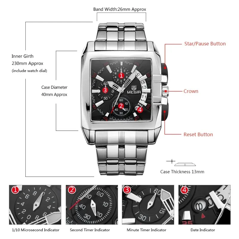 MEGIR 2018 Men Quartz Watch Fashion Leisure Business Date Display Silvery Stainless Steel Strap Wrist Watches for Male Gift