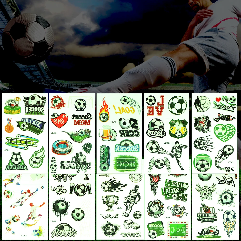 2-10pcs Football Luminous Tattoos Stickers Football Soccer Fan Fake Tattoo Sticker Waterproof Tattoo Hand Arm Foot for Child Boy