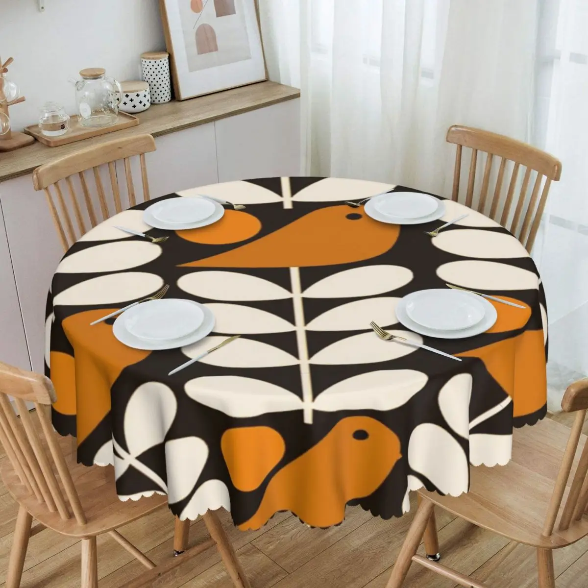 Custom Multistem Birds Black White Orange Tablecloth 60 inches Kitchen Table Cloth Waterproof Orla Kiely Scandi Table Cover