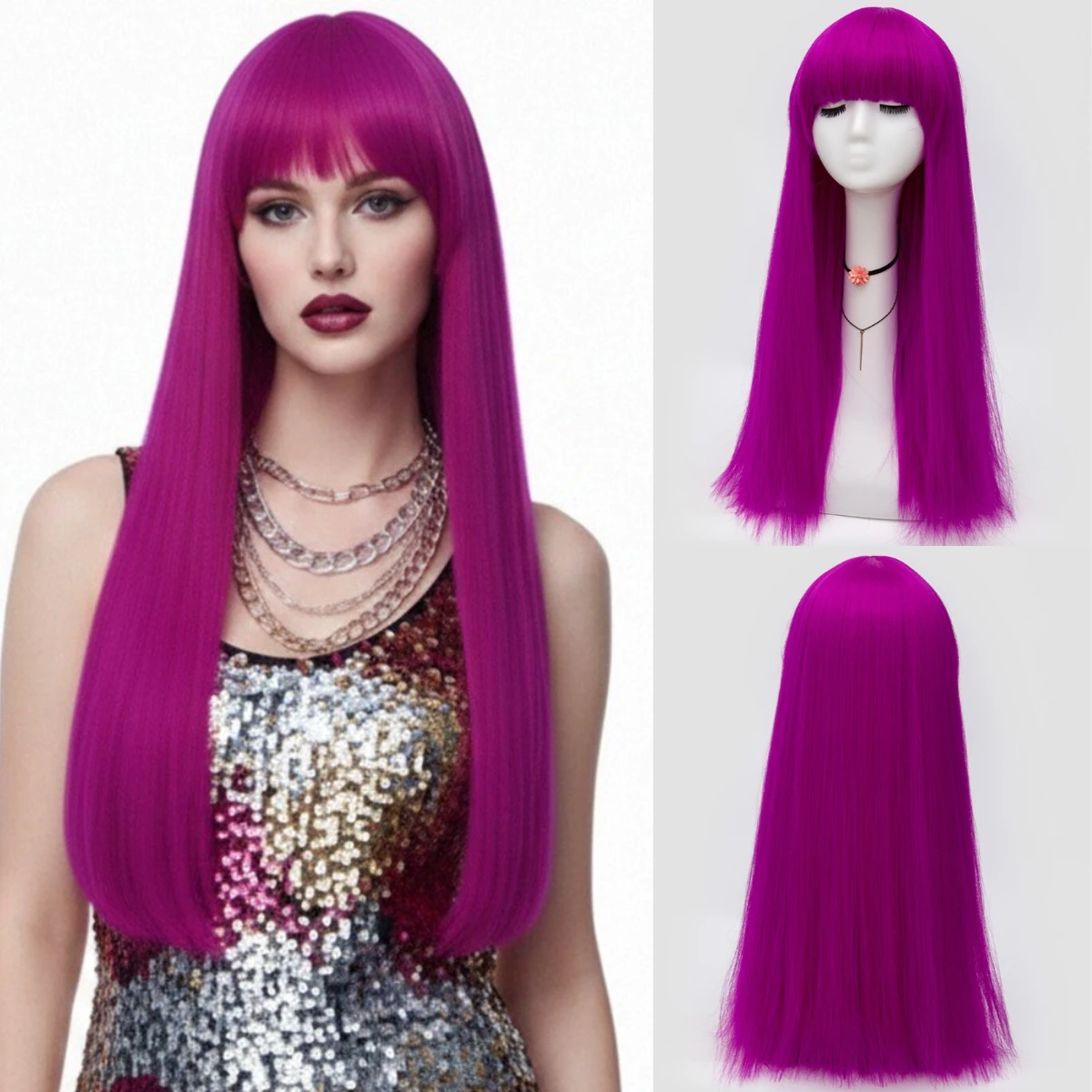 

Bright Purple Long Straight Synthetic Wig with Bangs for Women Heat Resistant Cosplay Daily Costume Party
