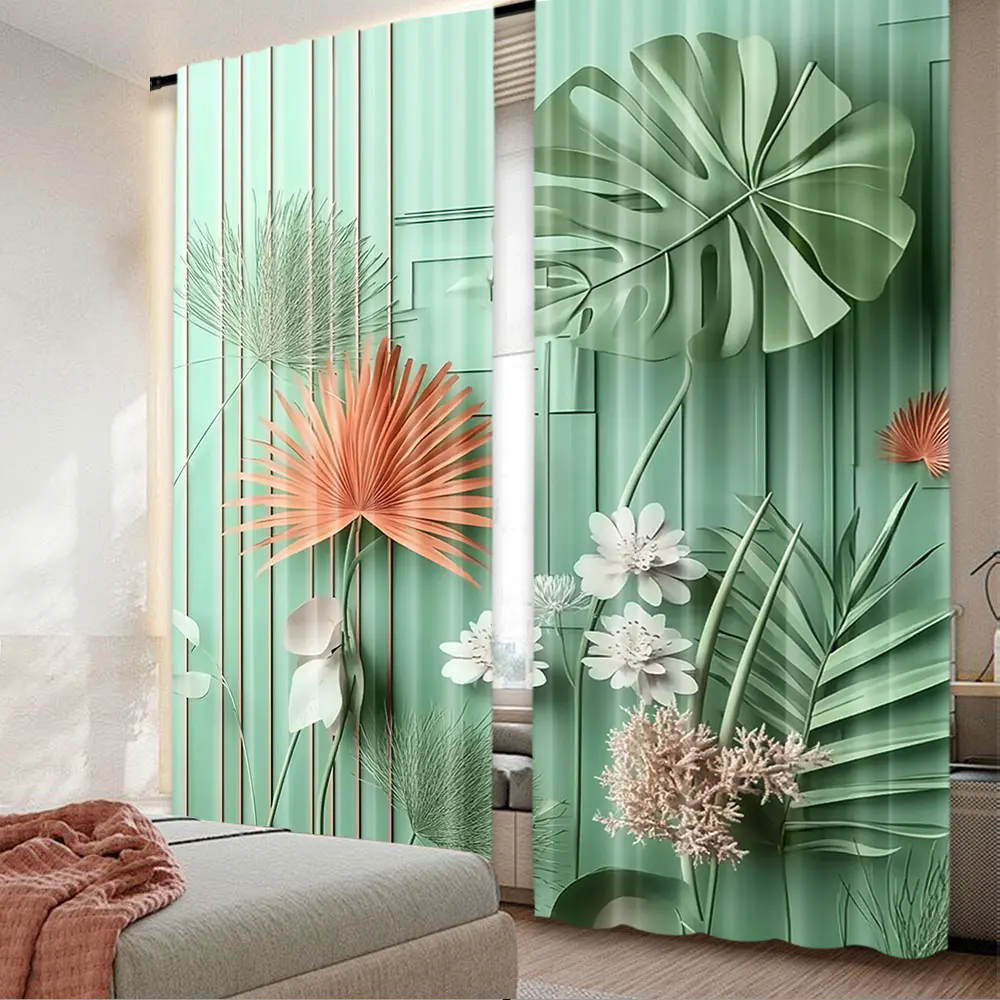 2Pcs Nature Green Curtain Jade Tones Abstract Exotic Leaves And Flowers With Modern Boho Lines For Bedroom Living Room And