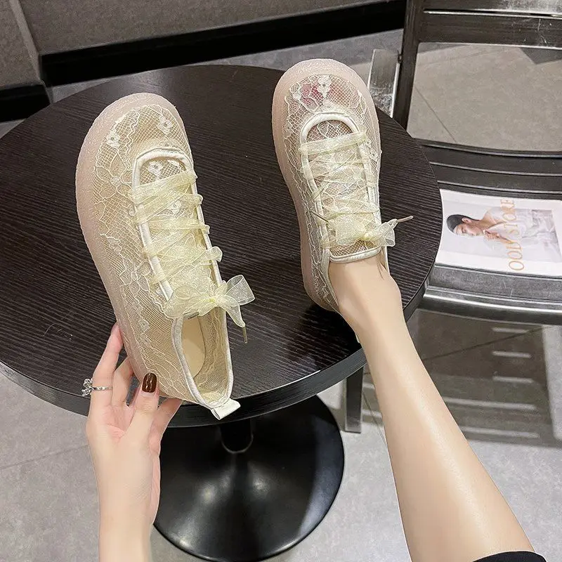 Off White Lace Up Woman Footwear Shoes For Women Black Mesh Breathable Flat Fashion 2024 Chic Elegant Promotion Sale Summer New