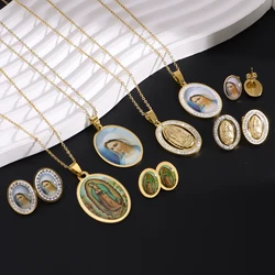 Religious Stainless Steel Necklace&Earring Set Catholic Virgin Mary Head  Portrait Pendant Necklace Women's Religious Jewelry