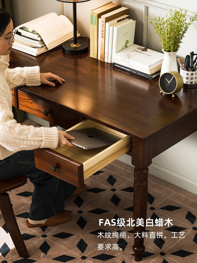 

Solid wood desk study American desk workbench log writing desk all solid wood ash wood retro drawer