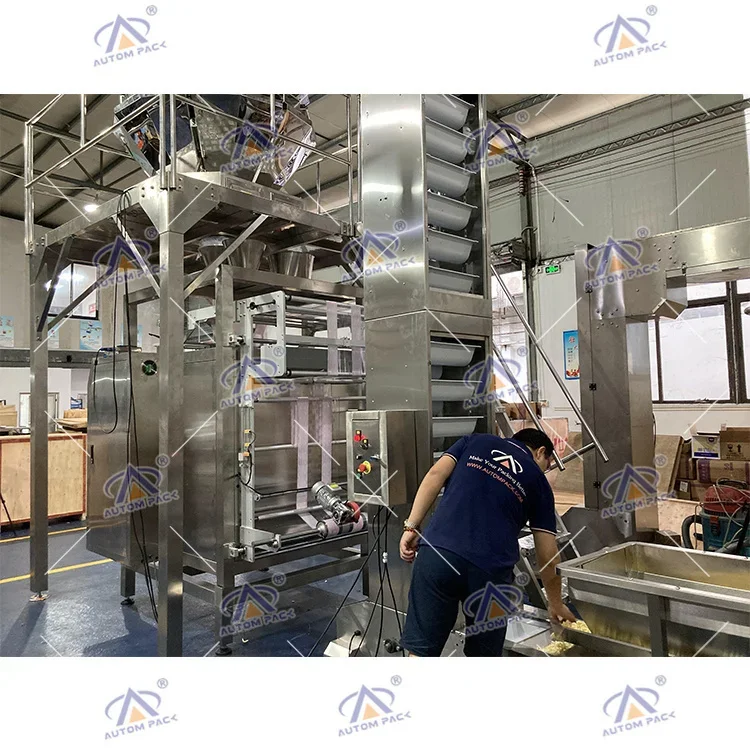 Low Cost Foil Film Automatic Weight Filling Ground Nuts Rice Cake Candy Grains Seeds Snacks Puffed Food Chips Packing Machine