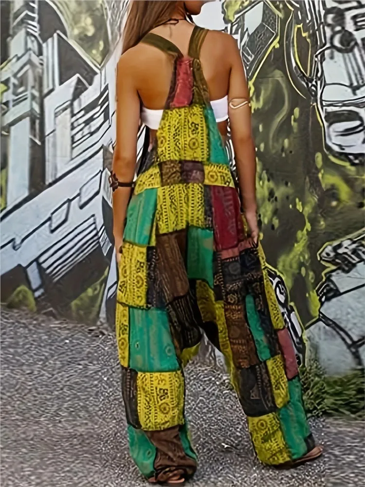 موضة المرقعة الحمالات بنطلون بذلة للنساء الهيب هوب المرقعة العرقية طباعة فضفاض سراويلي حريمي الشارع السروال القصير الإناث