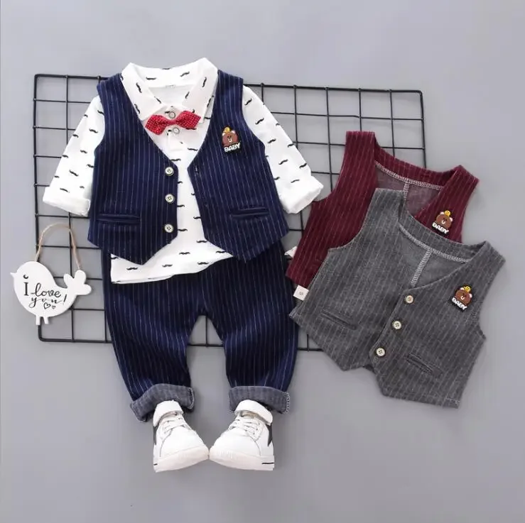 

New Children Clothing Spring Autumn Boys Cotton Vest Long-sleeve Shirt Pants 3pcs Infant Gentleman's Bow Tie Casual Suits