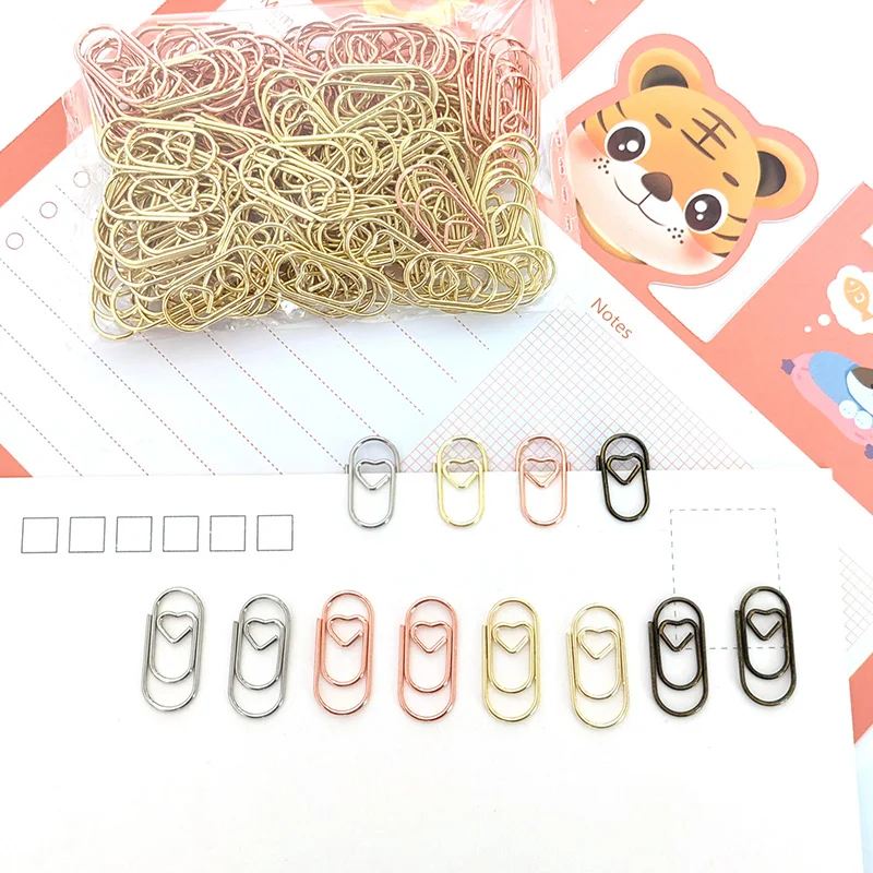 50Pcs Mini Love Paper Clips Metal Binder Clips Notebook Planner Bookmarks Tickets Clamps Office Binding Supplies Accessories