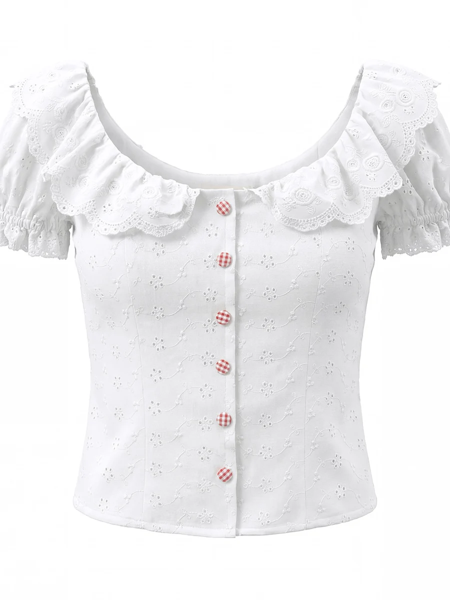 

Французский топ с воротником-рюшами, рукавами-фонариками, приталенный, на одной пуговице, с вышивкой, женский, из хлопка, омолаживающий