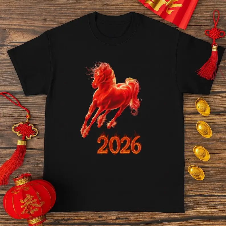 

2026 Креативный огненный конь, китайский новогодний гоночный подарок для ветеринара и конного спорта, топы с графической иллюстрацией, хлопковая рубашка