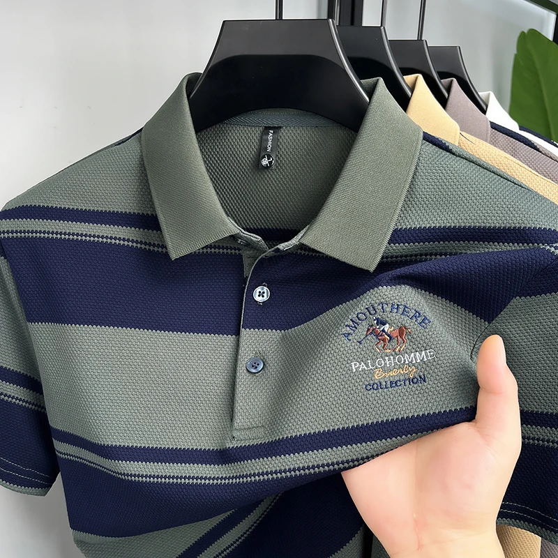Luxuriöses Sommer-Herren-Poloshirt mit Kurzen Ärmeln, Kragen und Knöpfen, Hochwertige Stickerei, Modische Streifen, Atmungsaktive Herrenkleidung – Detail 15