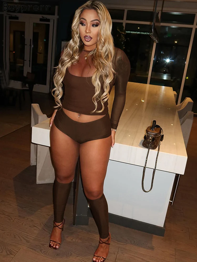 Beyprern المرأة عادية 3 قطعة بقماش شفاف قطعتين الزي المرأة طويلة الأكمام المحاصيل الأعلى + شورت + الفخذ العليا جوارب مجموعة