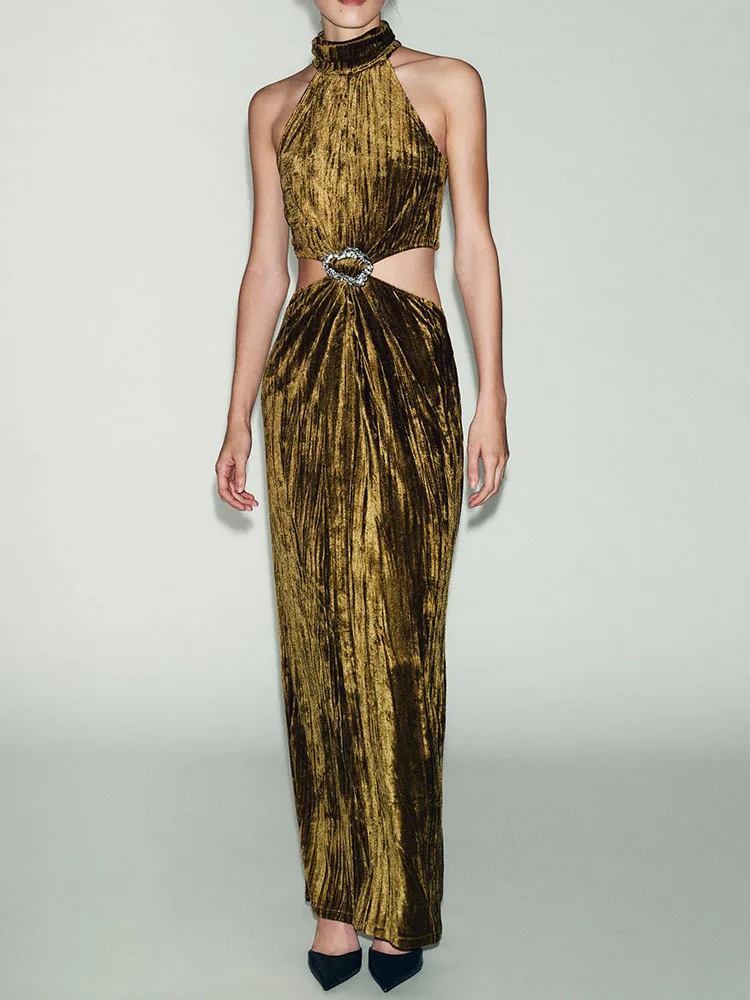 

Sweet High Collar Jewelry Embellied Open Design Dr Faionable mid Waist Long Gown for Women New Arrival Winter 2025