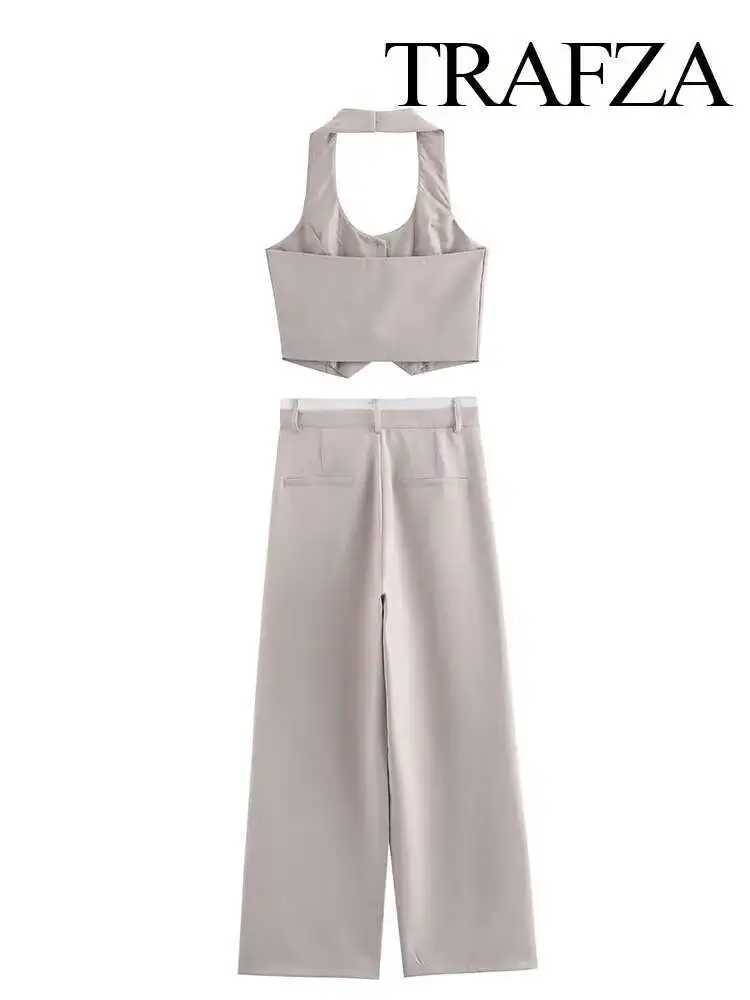 

New Summer Fashion Women Suits Solid Square Neck Sleeveless Backless Single Breasted Waistcoat Top+Casual Wide-Leg Trousers