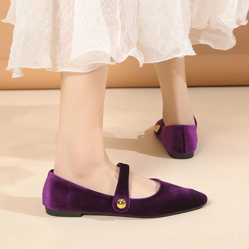 Spring Mary Jane Ballet Flats Shoes Woman Velvet Slip-on Women\'s Shoes Comfortable Soft Pointed Toe Flat Shoes for Women Zapatos