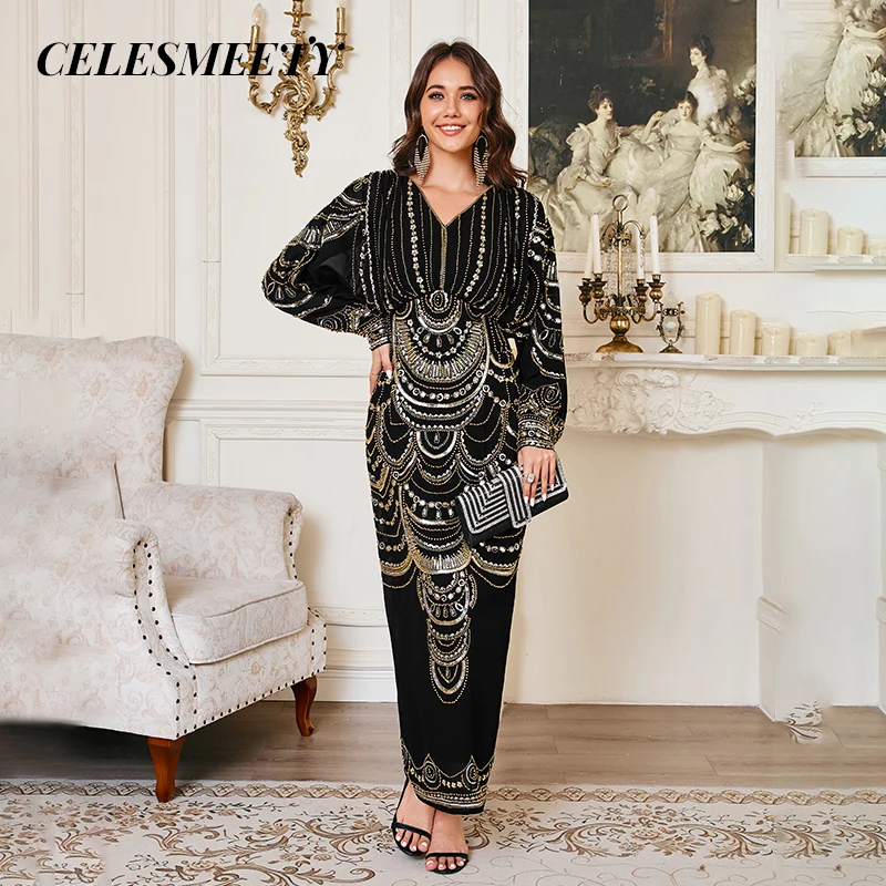 

Luxurious Royal-Style Computerized Sequin Beaded Embroidery Prom Evening Dress Elegant Chiffon Batwing Sleeve Dress