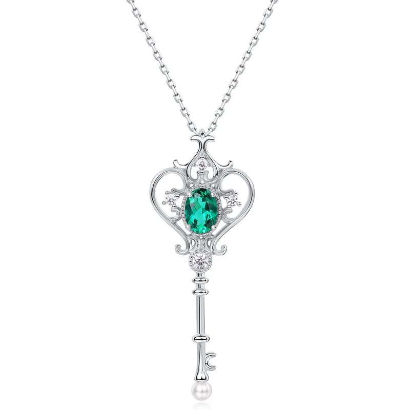 New S925 pure silver emerald key palace oriole tail flower colorful pendant European and American light luxury wedding jewelry