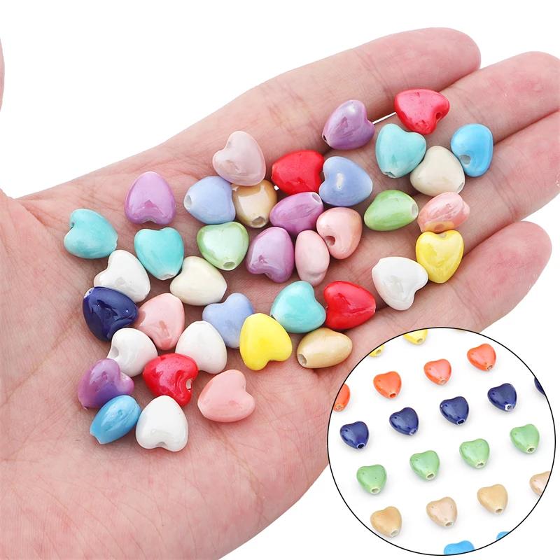 10pcs 10mm Multicolor Heart Shape Ceramic Beads Porcelain 2mm Hole Beads for DIY Jewelry Making Keychain Bracelet Earring Charms