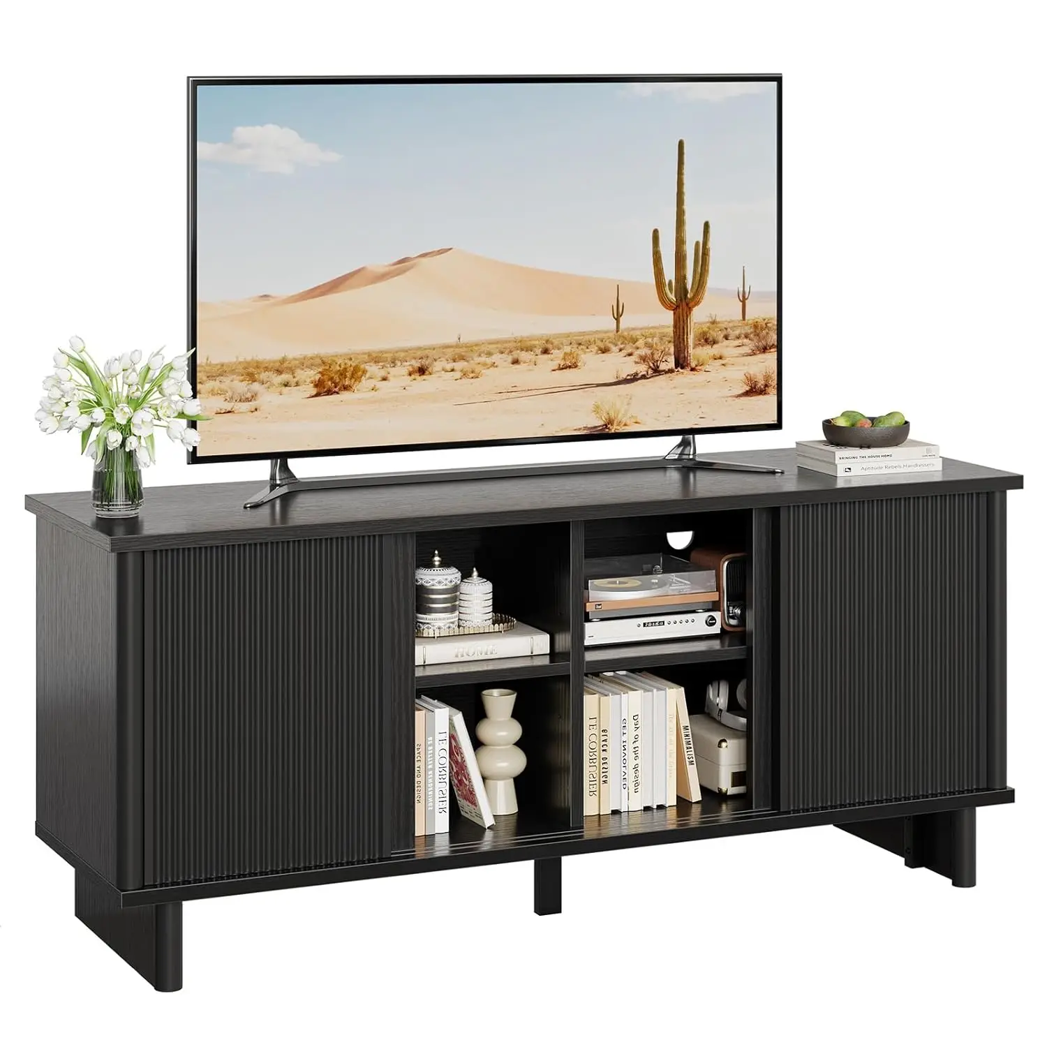 #Mid Century Modern TV Stand Inch Solid Wood Legs Sliding Door Cable Management Media Console Living Room Black