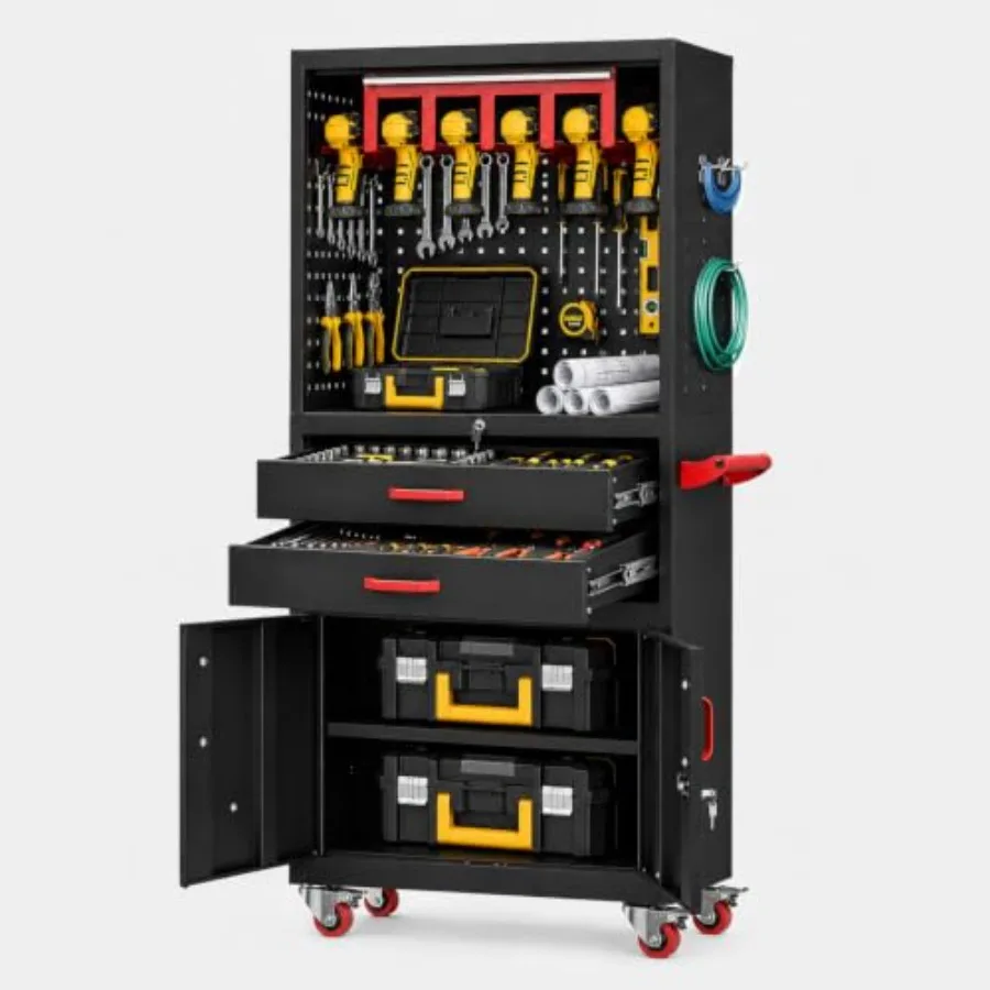 Mobile Tool Cart for Workshop Use, Steel Construction, Black Finish, Locking Wheels and Built-in Charging Station