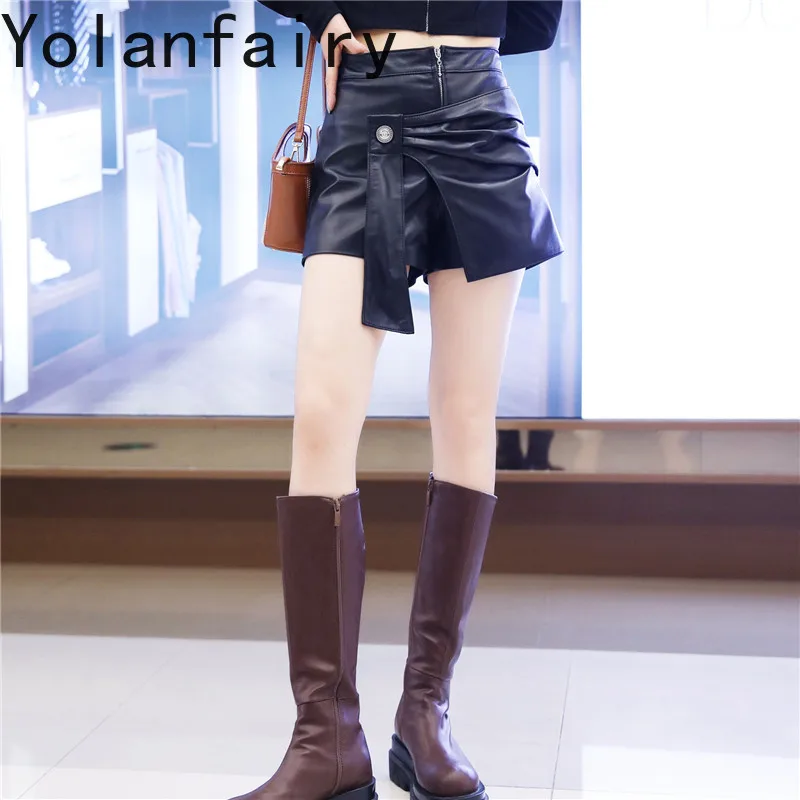 YOLANFAIRY Irregular Hem Genuine Sheepskin Wide Leg Bootcut Shorts Women High Waist Casual Real Leather Black Shorts 2026 Fall