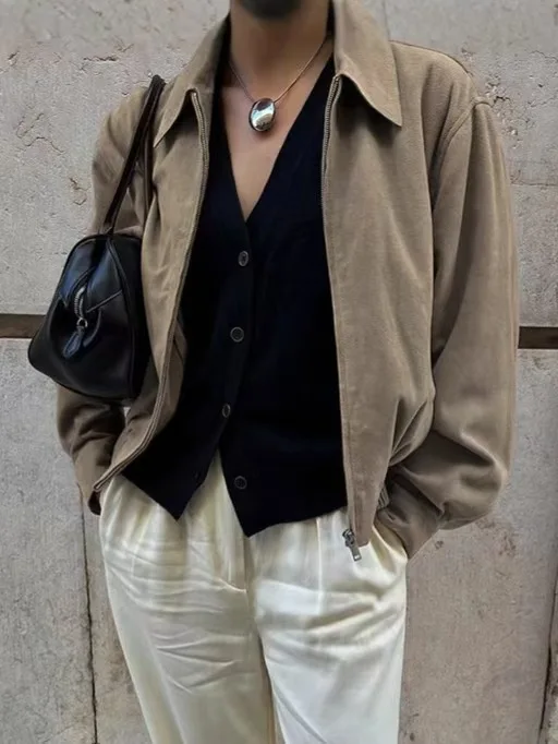 

Faionable винтажная длинная бархатная куртка на молнии с кожей оленя, свободная верхняя одежда с воротником для женщин, осенне-зимний сезон