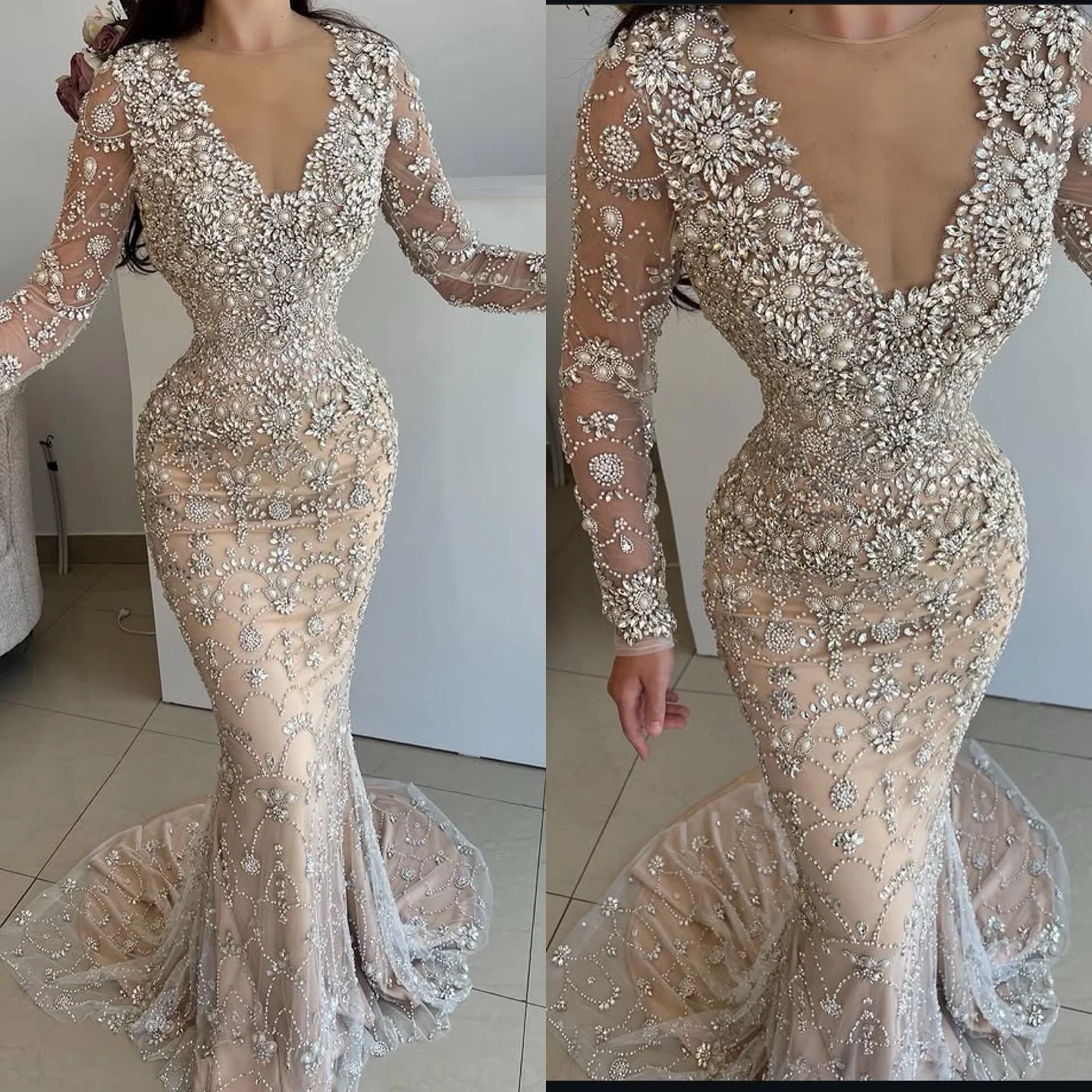 

Elegant V Neck Long Sleeves Prom Dresses Arabic Dubai Beaded Mermaid Women Evening Dress Wedding Party Gowns Customized 2026