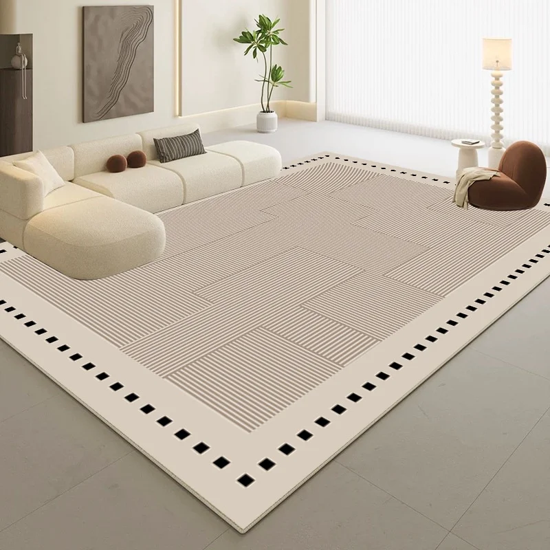 Minimalist Beige Geometric Line Area Rug Non-Slip Floor Mat for Living Room Bedroom Japandi Neutral Home Decor