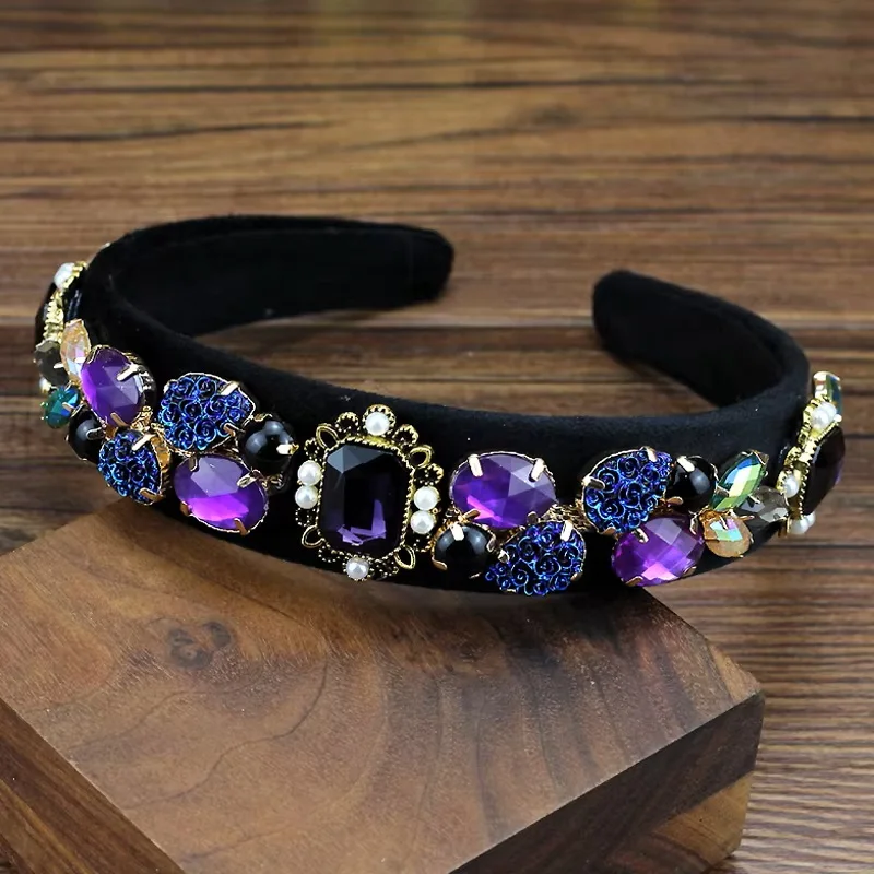 Vintage Baroque Hairbands Luxury Purple Pink Black Crystal Women Headbands For Girls Handmade Pearl Hair Accessories
