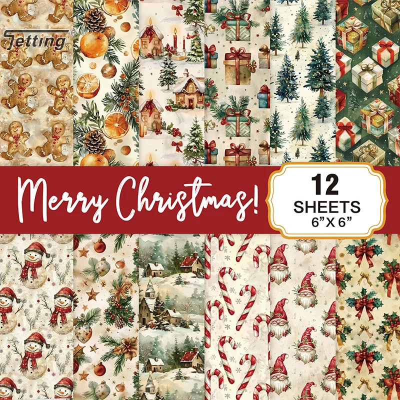 12 Sheets Christmas Scrapbook Paper Pad Glitter Confetti Snowflake Single-sided Craft Cardstock Gift Journal Decorative Paper