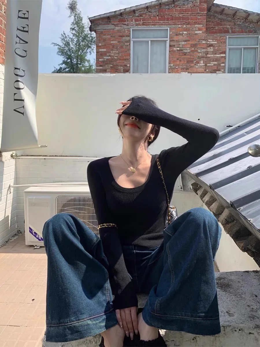 Dimagrante Lungo Sve U-Ne Top lavorato a maglia Coreano Sle Sexy Primavera Faionable Base da donna irt T-shirt casual in cotone traspirante