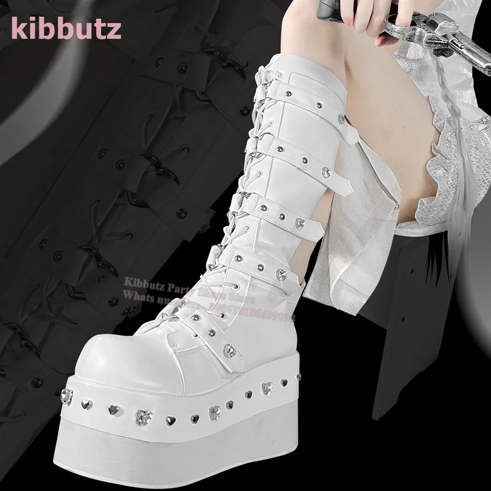 

Diamond Knee High Boot Platform Glossy Genuine Leather Round Toe Belt Buckle Lack-Up Solid White Fashion Subculture Y2k Hot Girl